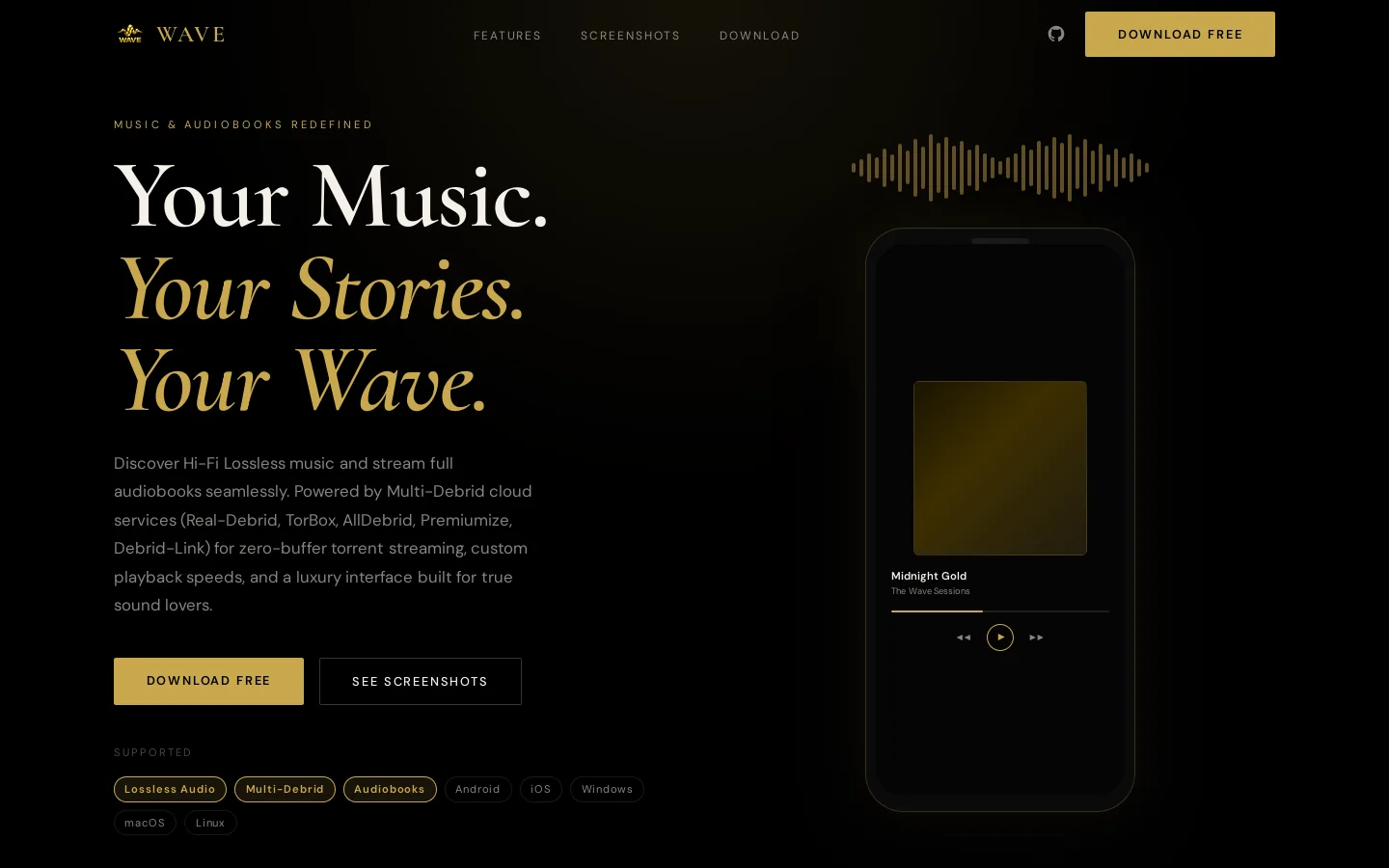 WAVE — Music, Audiobooks & Debrid Cloud Streaming Homepage screenshot