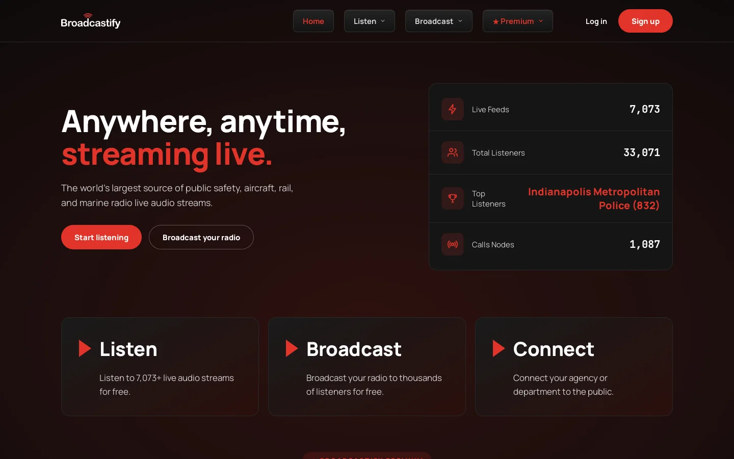 Broadcastify Homepage screenshot