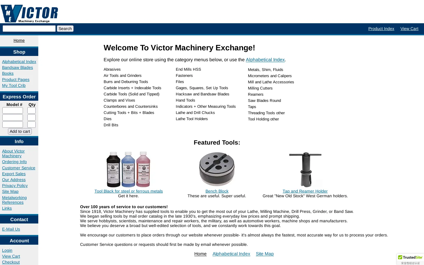 Victor Machinery - Metalworking tools and supplies Homepage screenshot