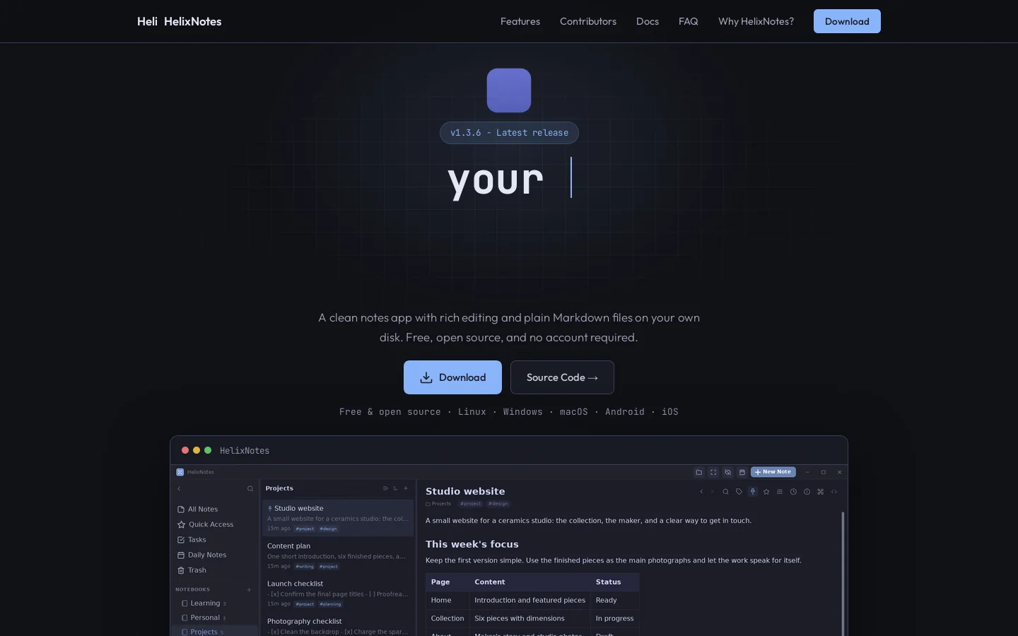 HelixNotes Homepage screenshot