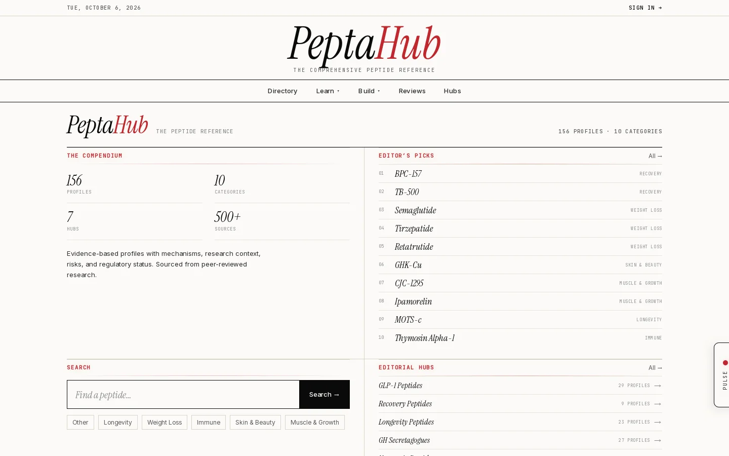 PeptaHub Homepage screenshot