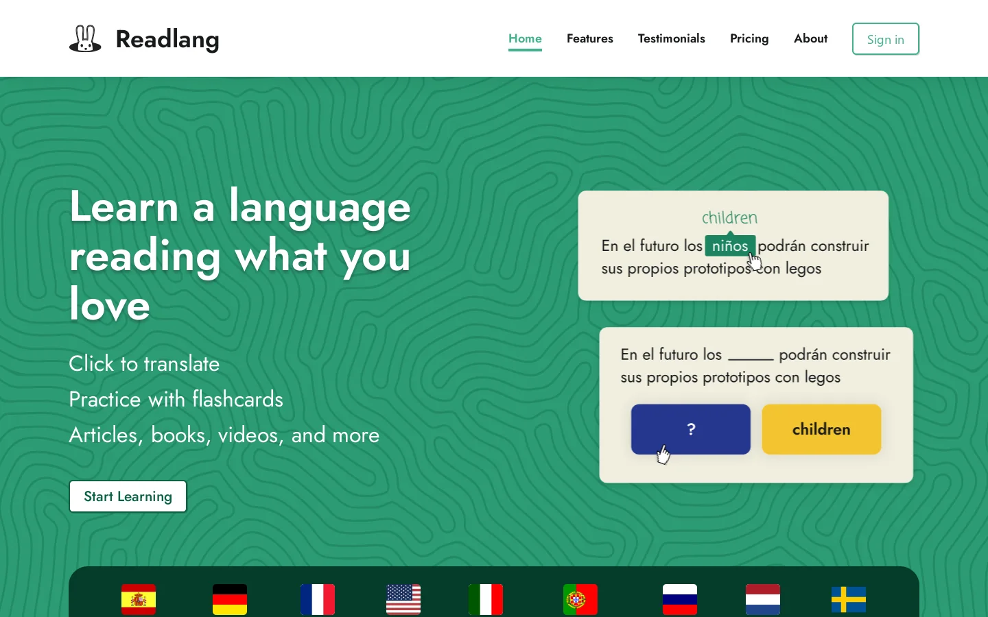 Readlang Homepage screenshot