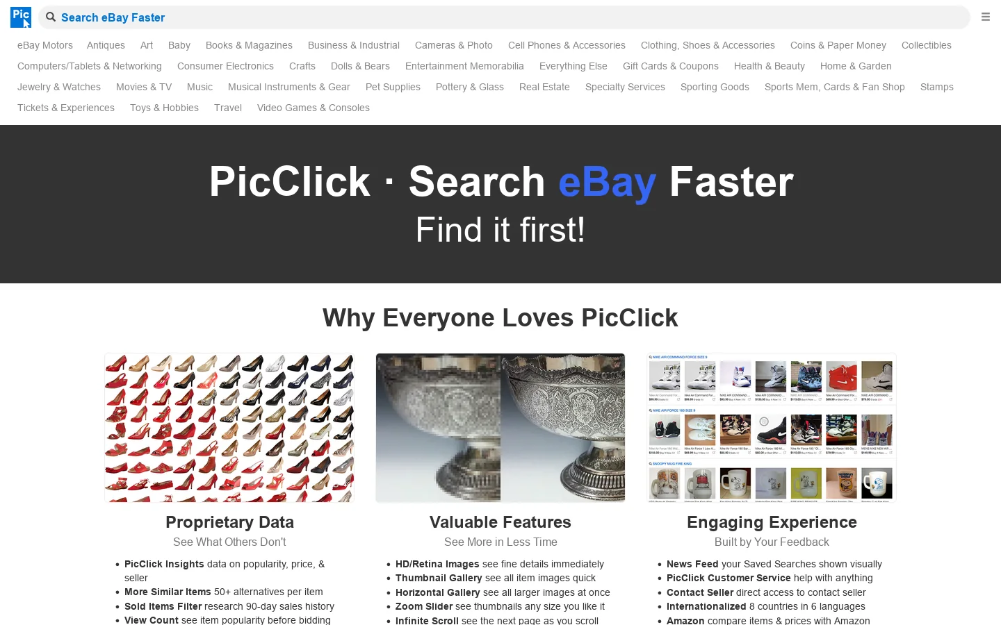 PicClick • Search eBay Faster. Find it first! Homepage screenshot