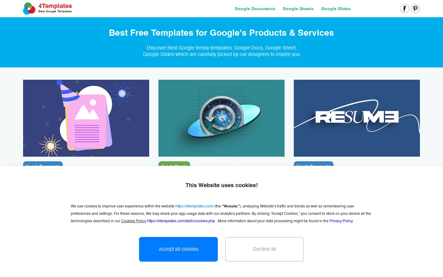 Google Docs, Slides, Sheets and Products resources | by 4Templates Homepage screenshot