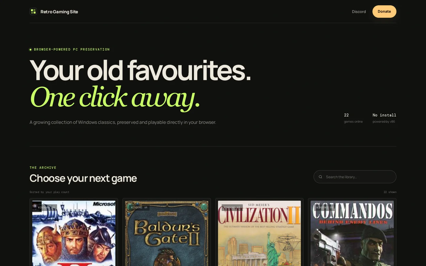 Retro Gaming Site Homepage screenshot