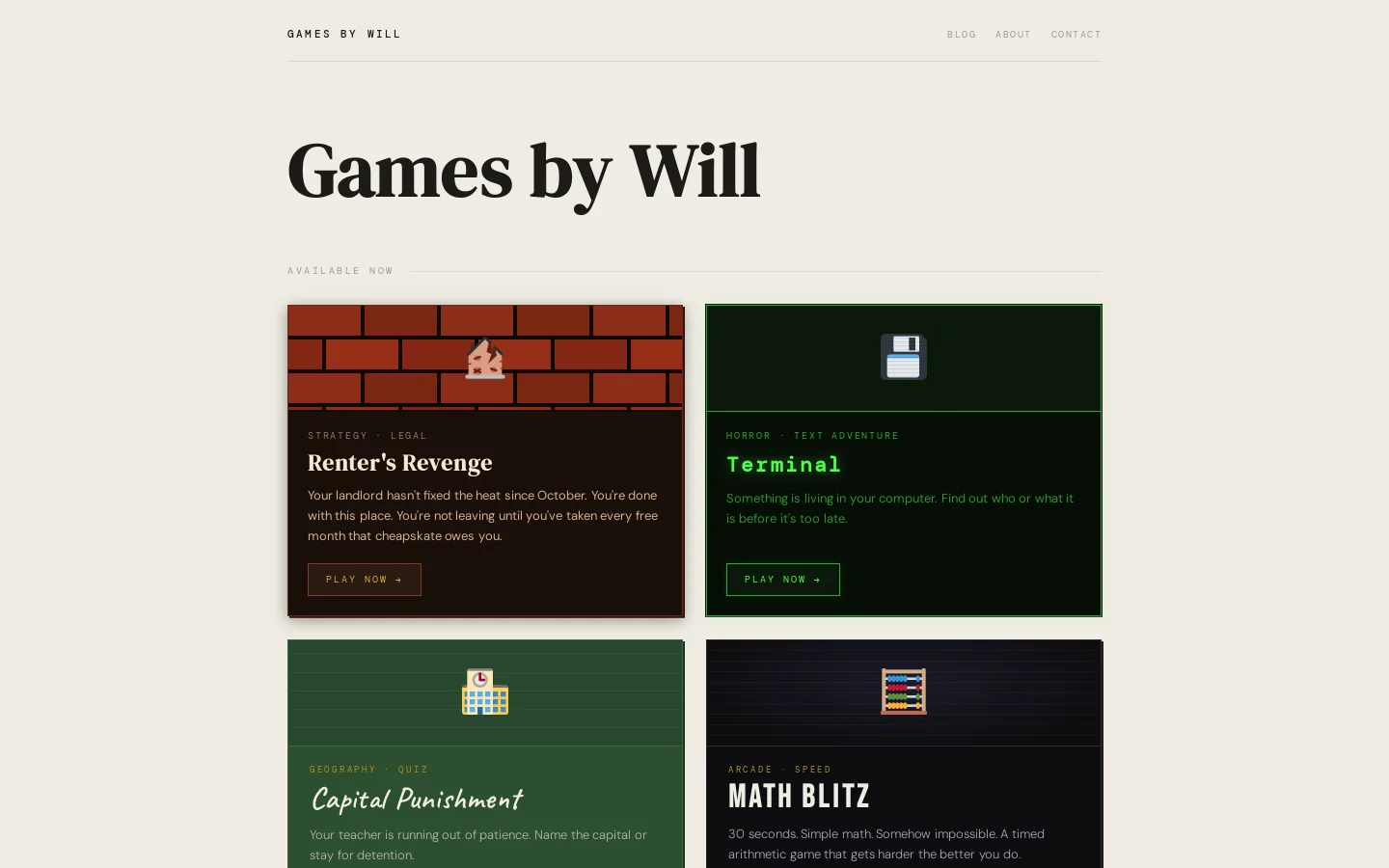 Games by Will Homepage screenshot