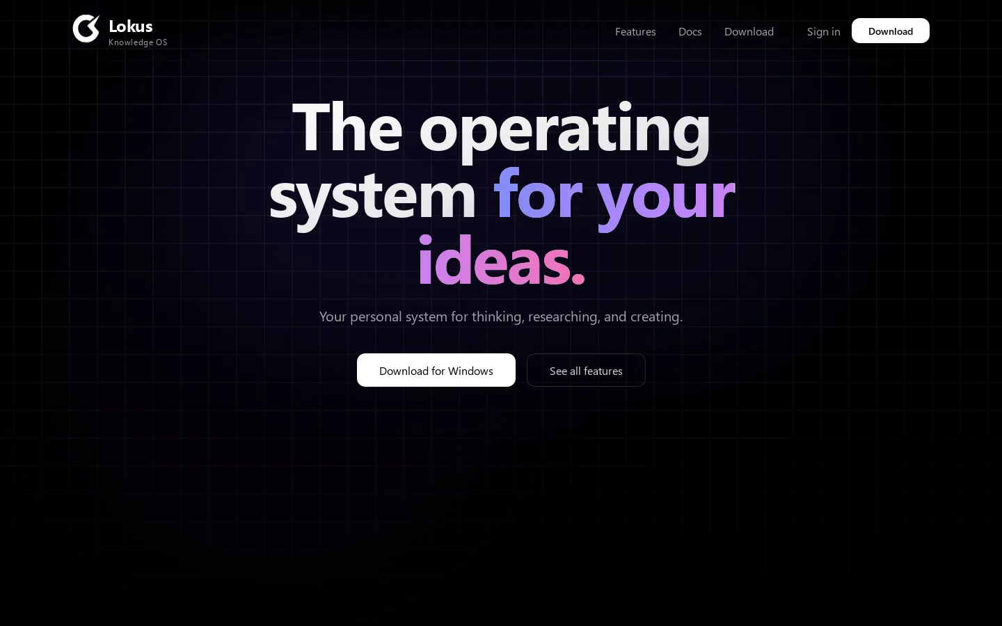 Lokus - The Operating System for Your Ideas Homepage screenshot