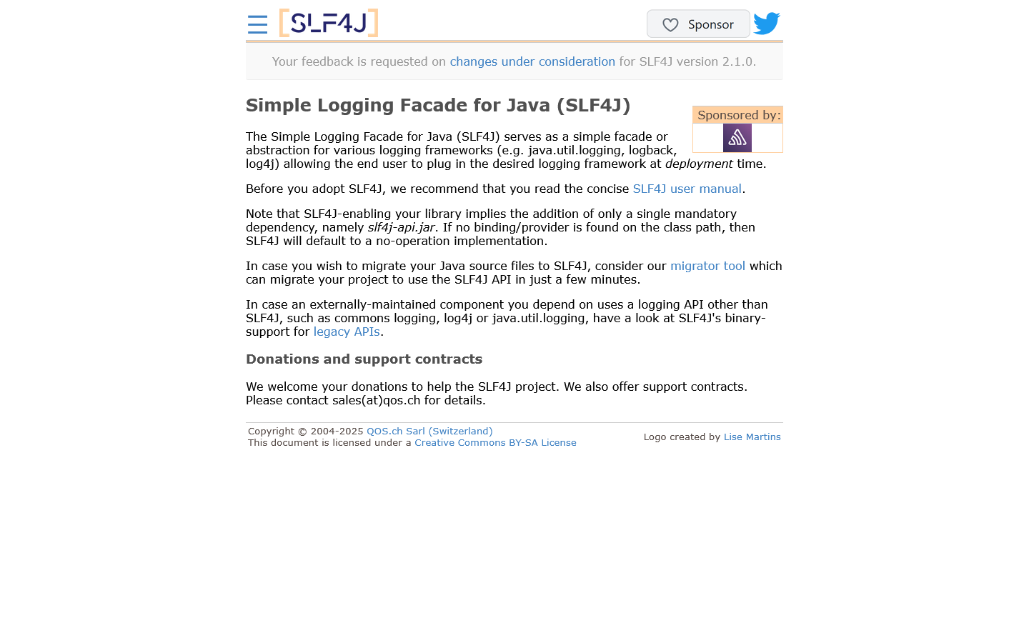 SLF4J Homepage screenshot
