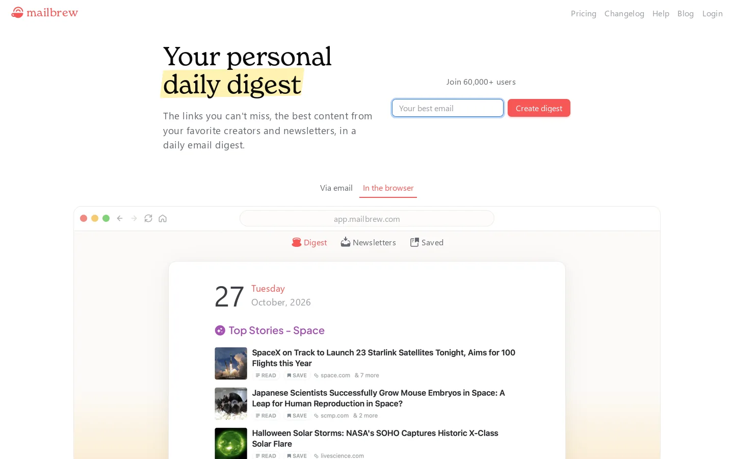 Mailbrew Homepage screenshot