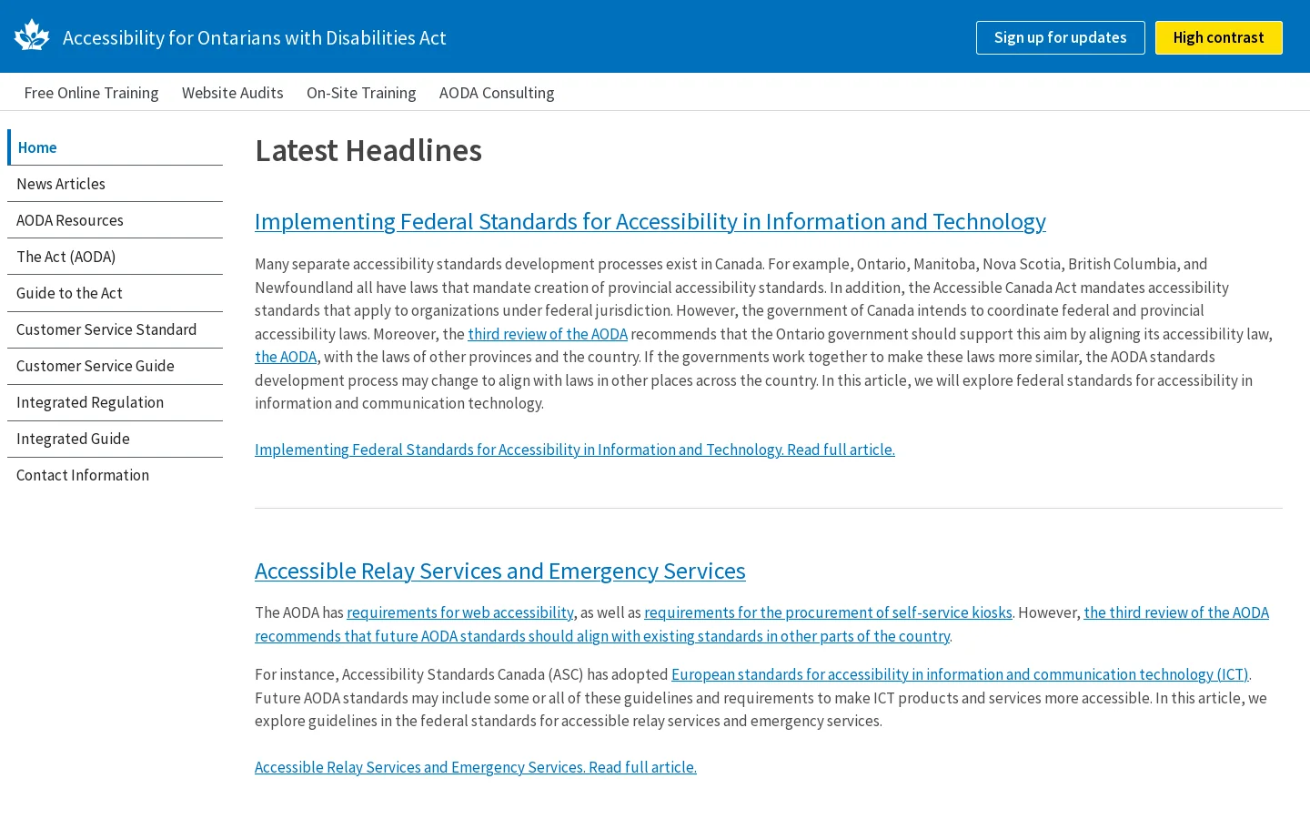 Accessibility for Ontarians with Disabilities Act (AODA) Homepage screenshot