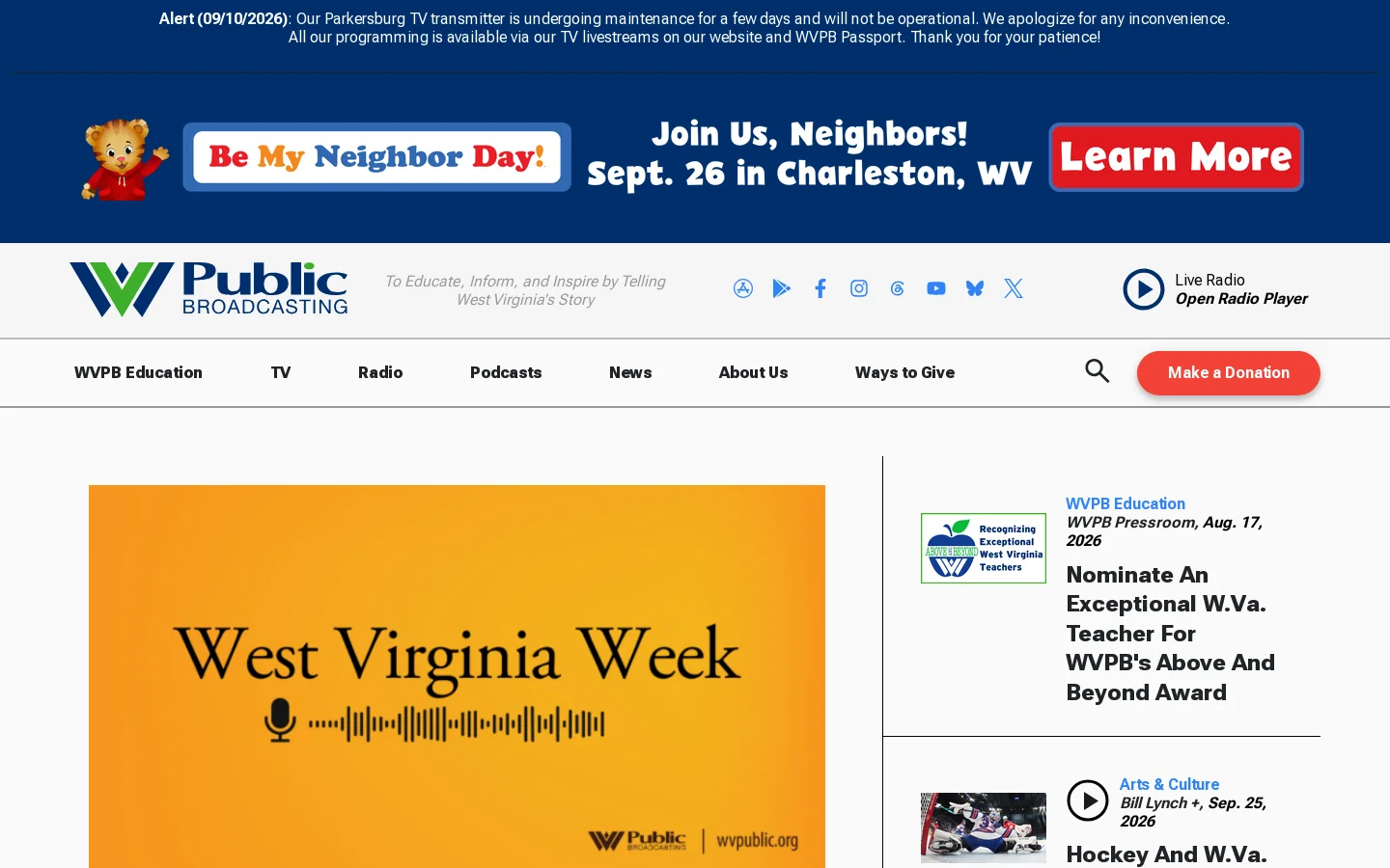 West Virginia Public Broadcasting - TV, Radio & News Homepage screenshot