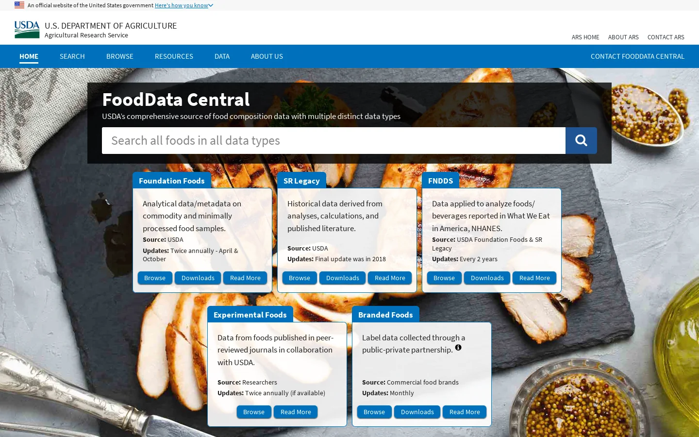 USDA FoodData Central Homepage screenshot