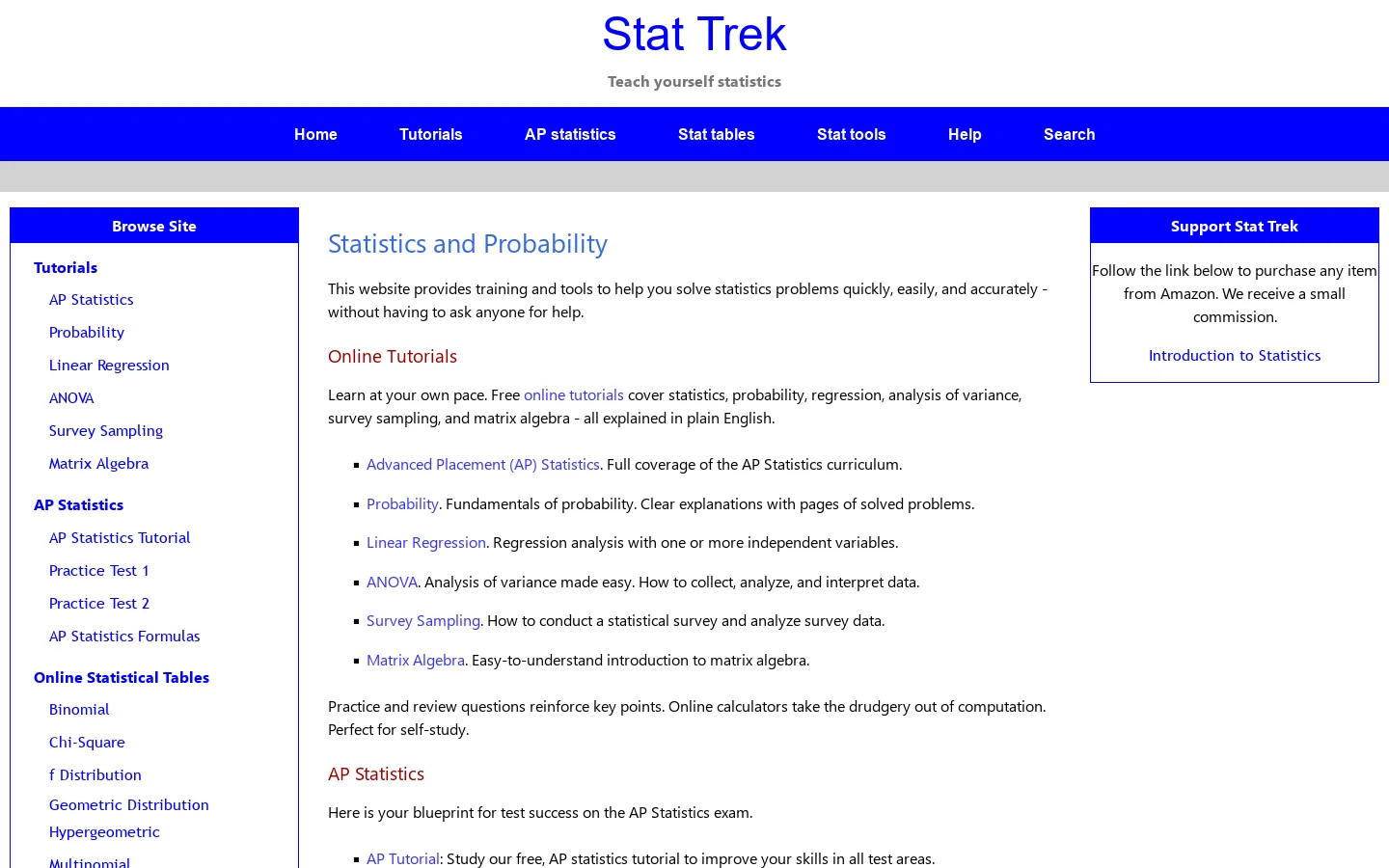 Statistics and Probability Homepage screenshot