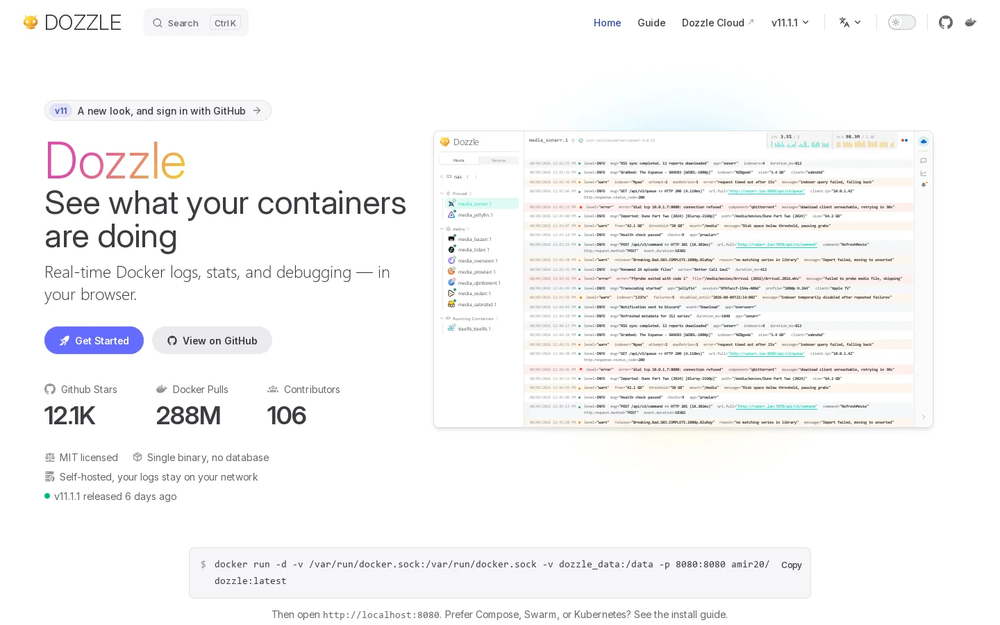 Dozzle Homepage screenshot