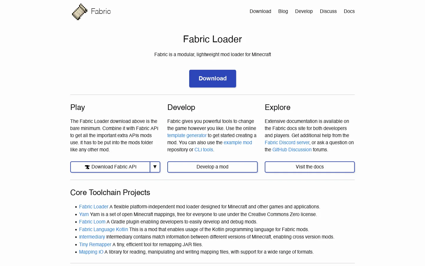 Fabric | The home of the Fabric mod development toolchain. Homepage screenshot