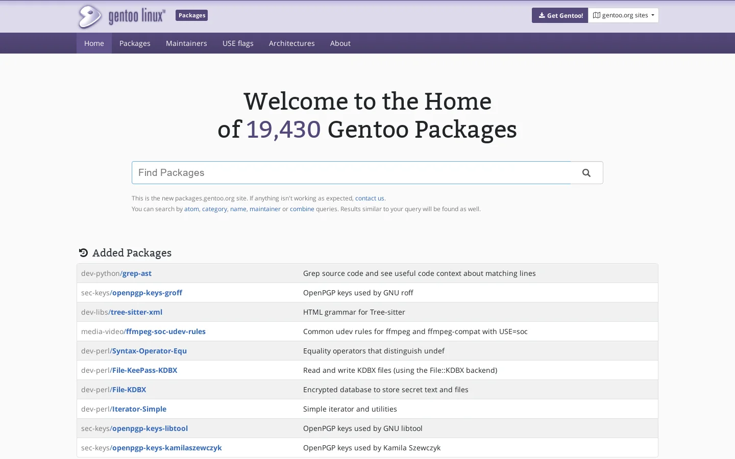Gentoo Packages Homepage screenshot
