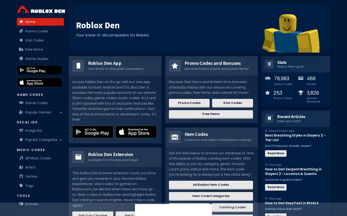 Roblox Den Homepage screenshot
