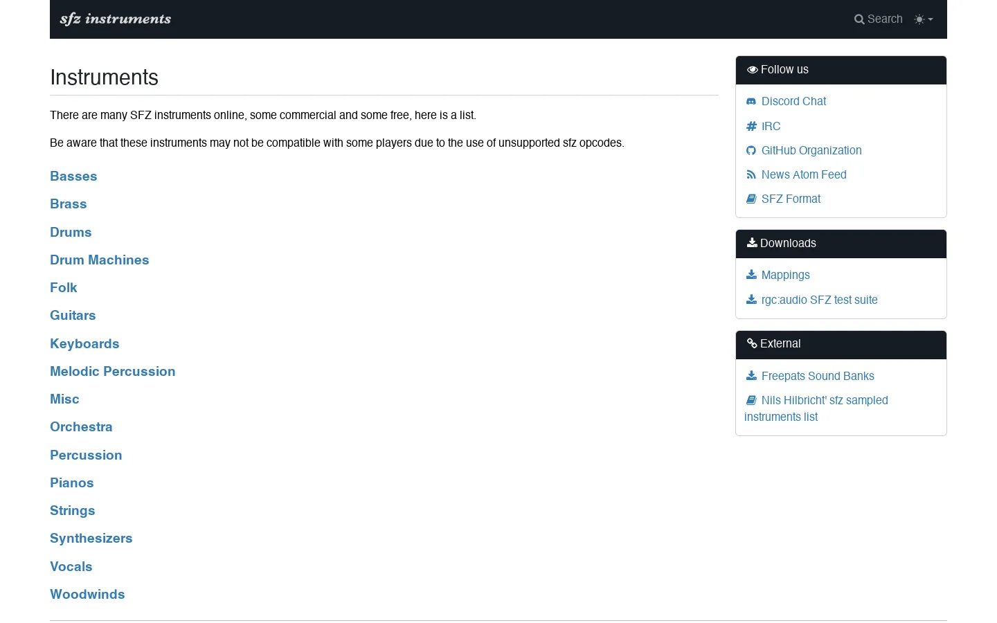 SFZ Instruments Homepage screenshot