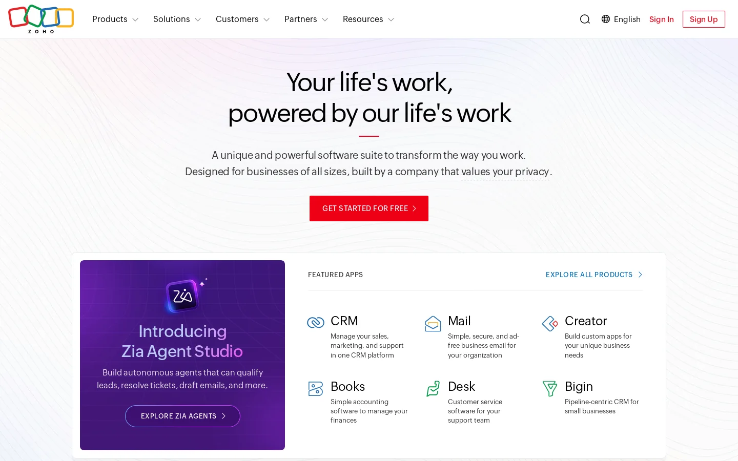 Zoho Homepage screenshot