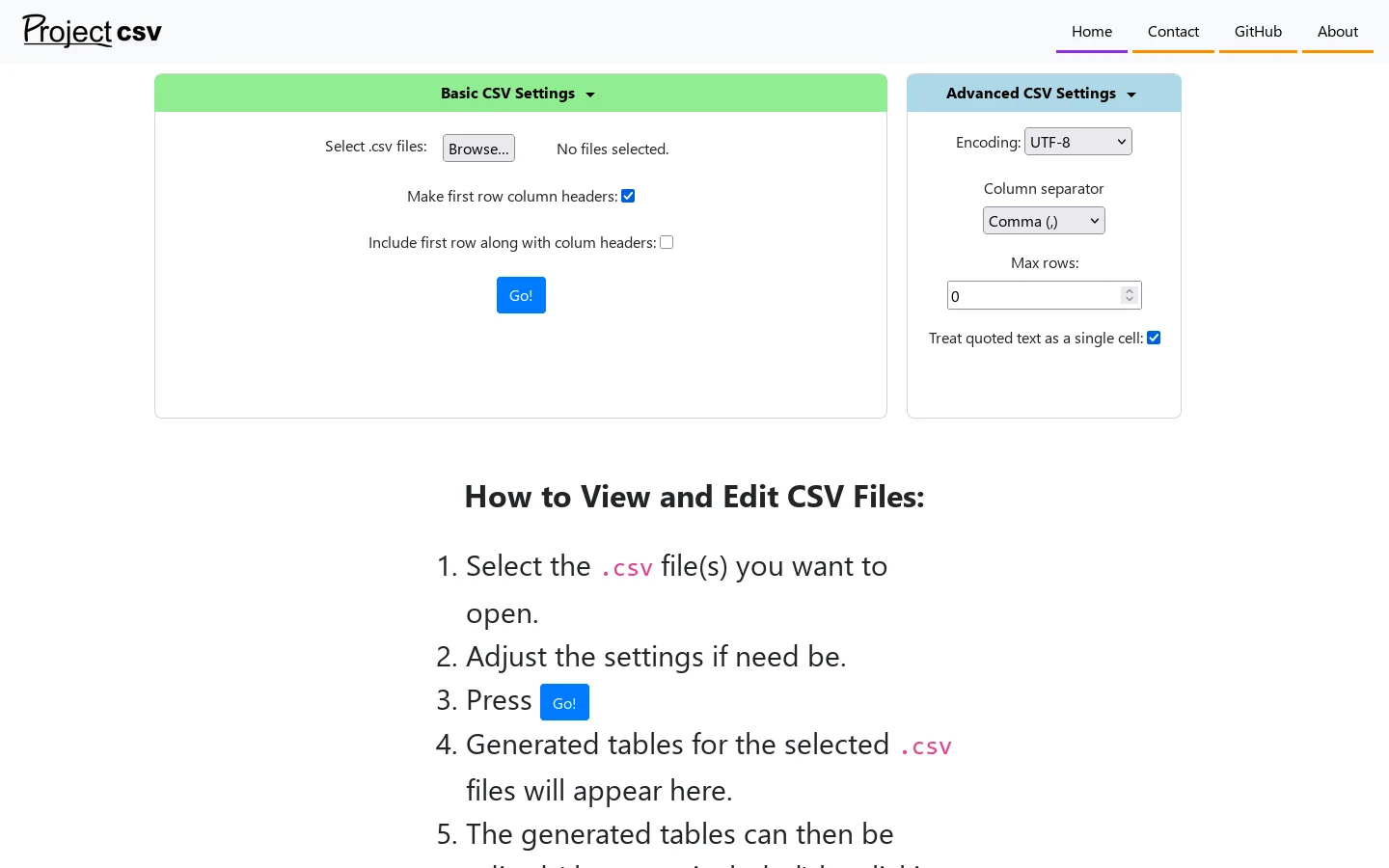 Project CSV Homepage screenshot
