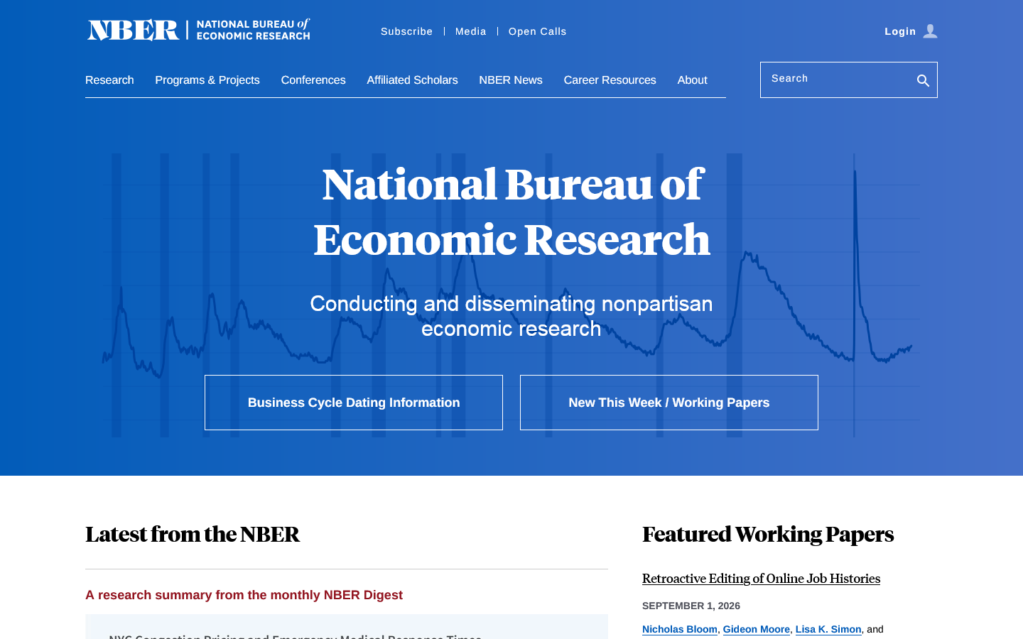 NBER Homepage screenshot