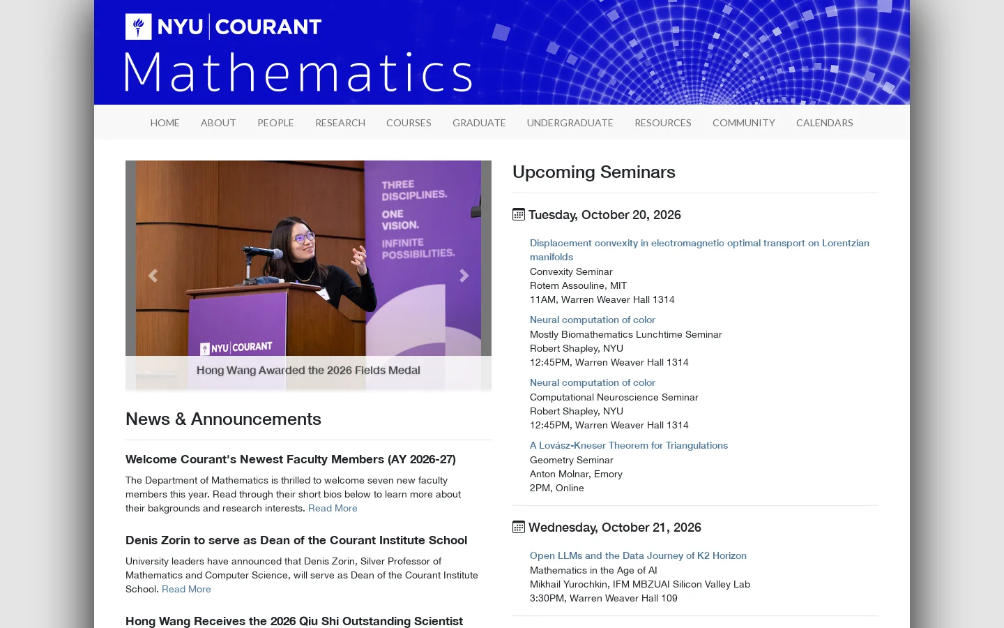 Home | Department of Mathematics | NYU Courant Homepage screenshot