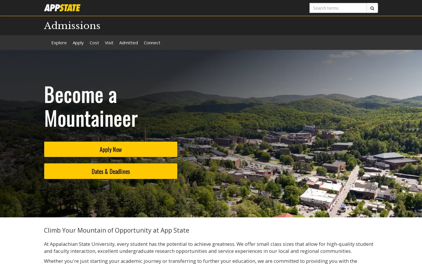 Admissions Homepage screenshot