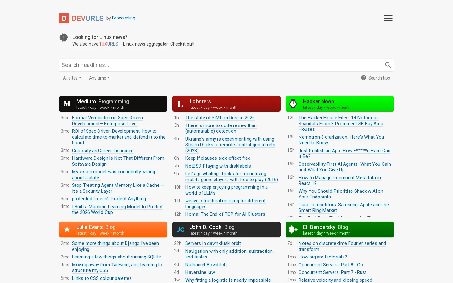 DevURLs Homepage screenshot