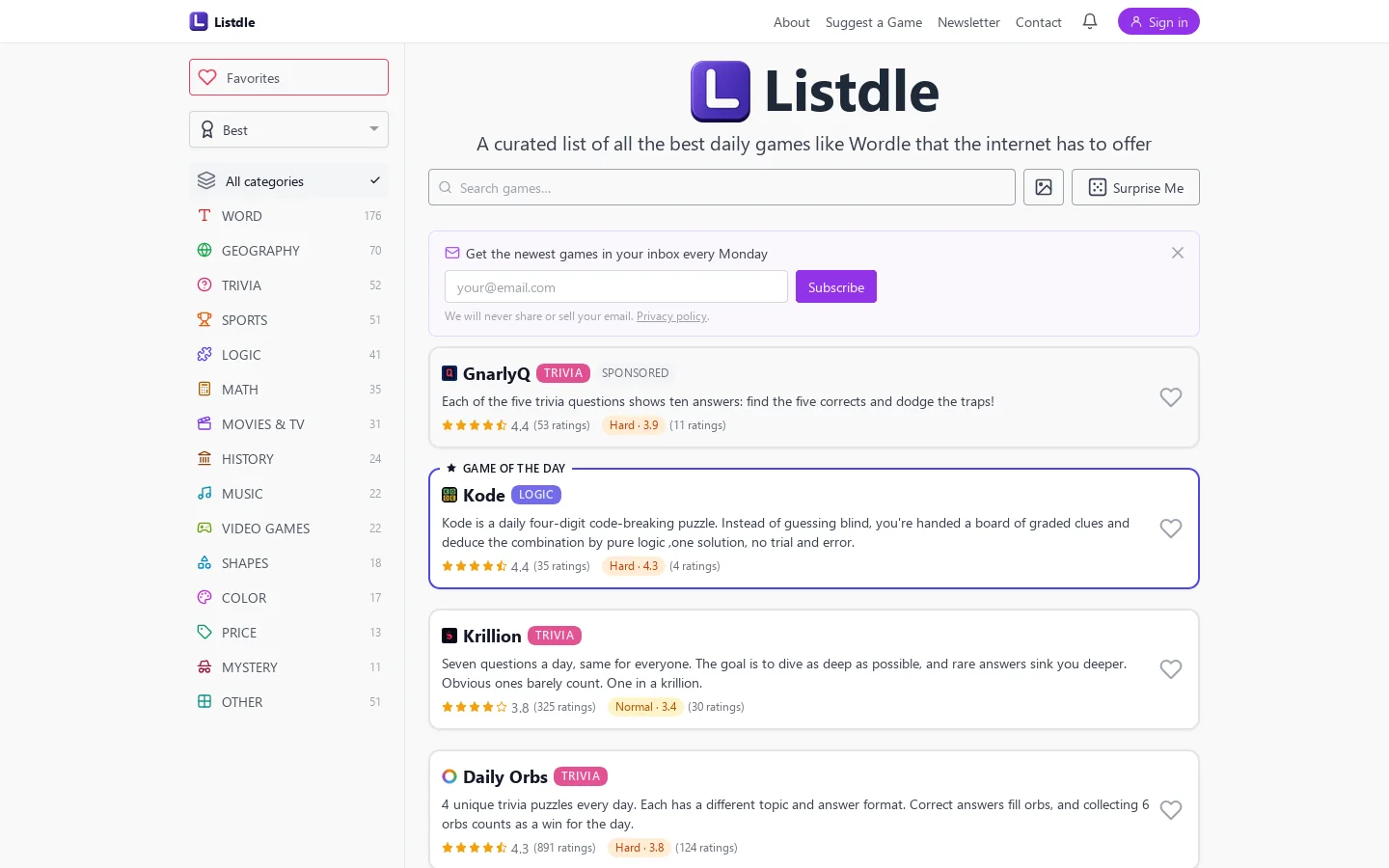 Listdle Homepage screenshot