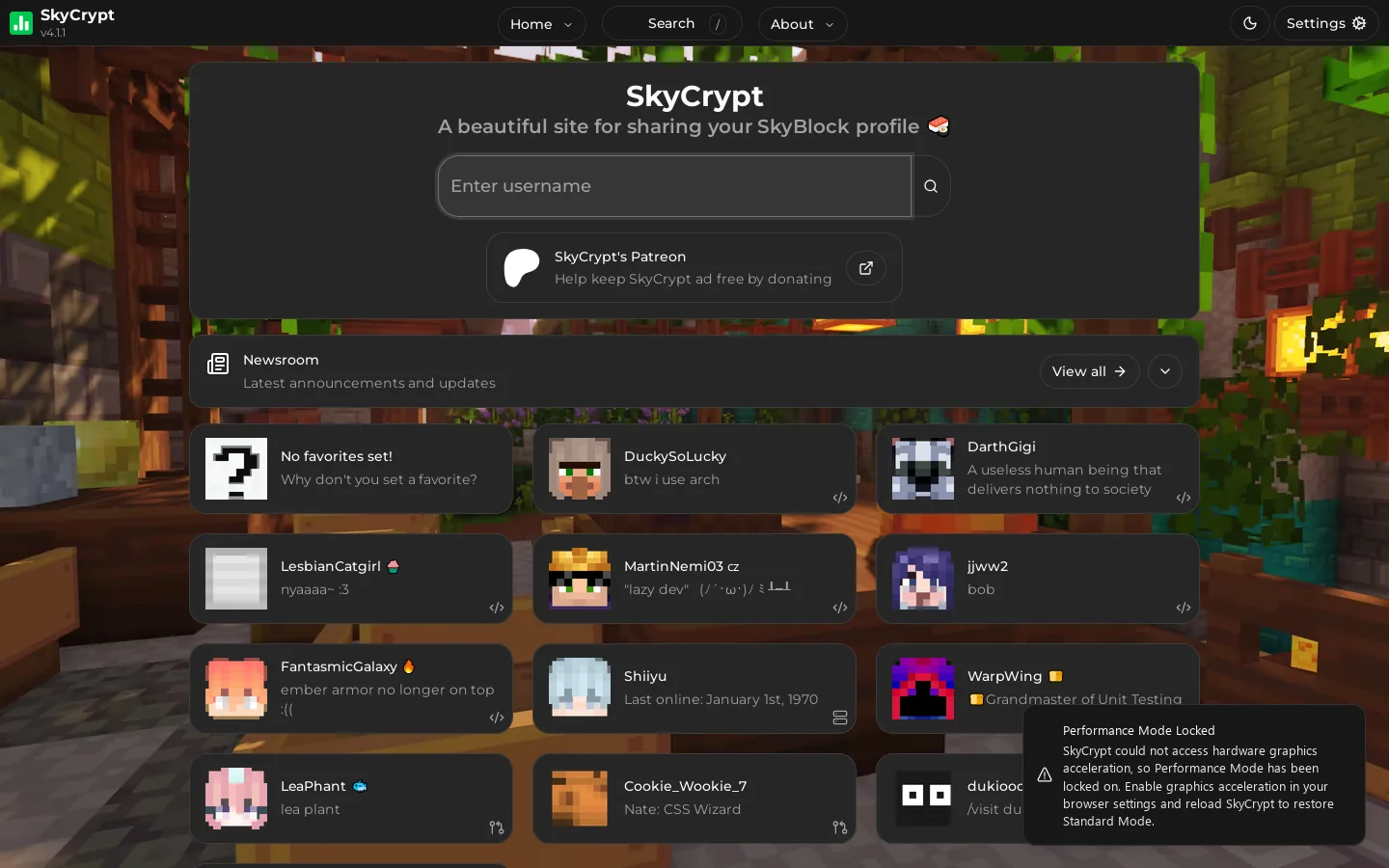 SkyCrypt Homepage screenshot