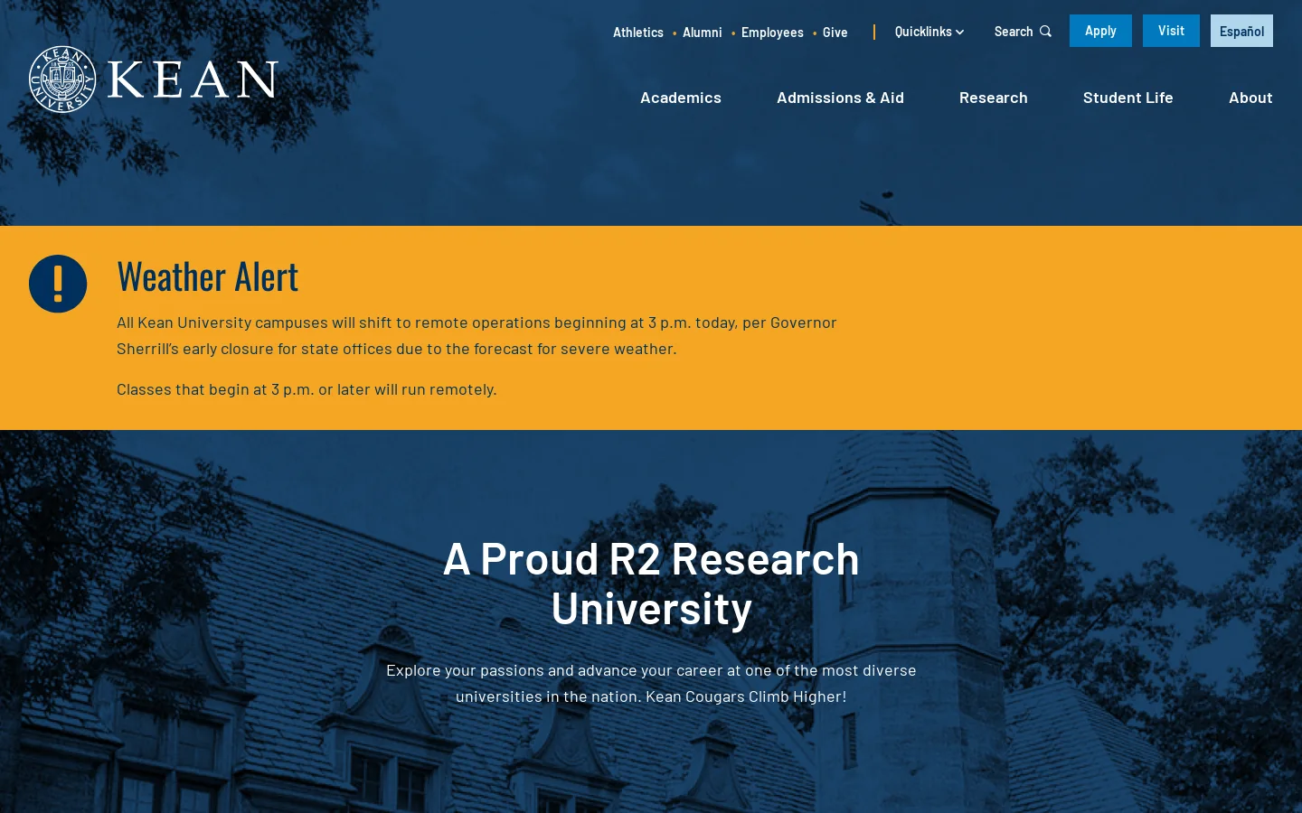 Kean University Homepage screenshot
