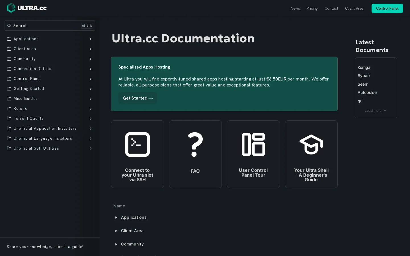 Ultra.cc Documentation Homepage screenshot