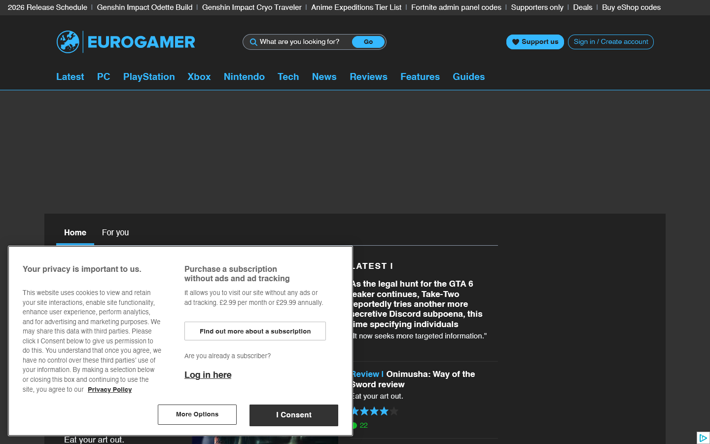 Eurogamer.net Homepage screenshot
