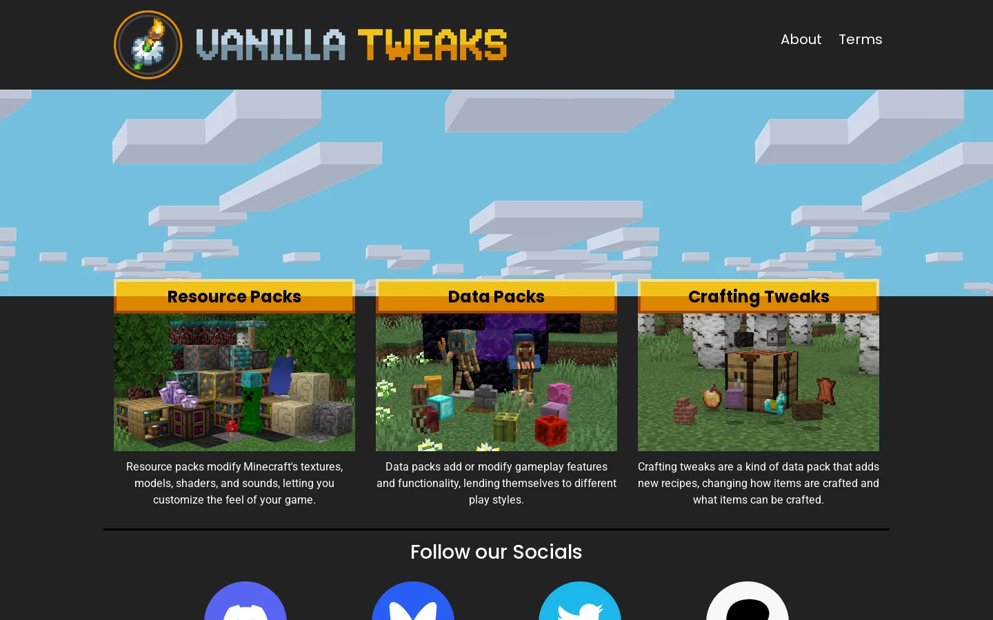 Vanilla Tweaks Homepage screenshot