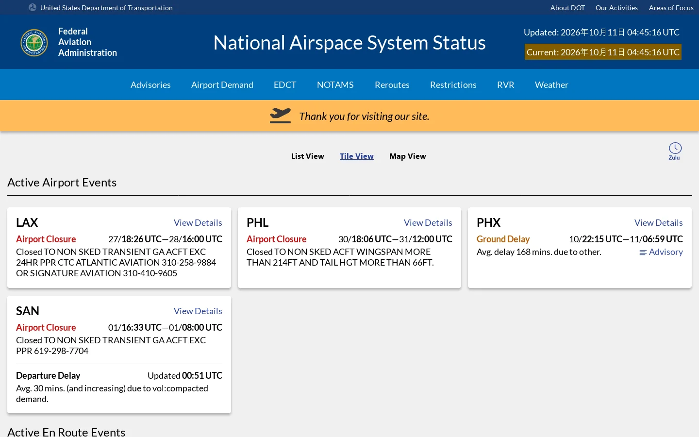 National Airspace System Homepage screenshot