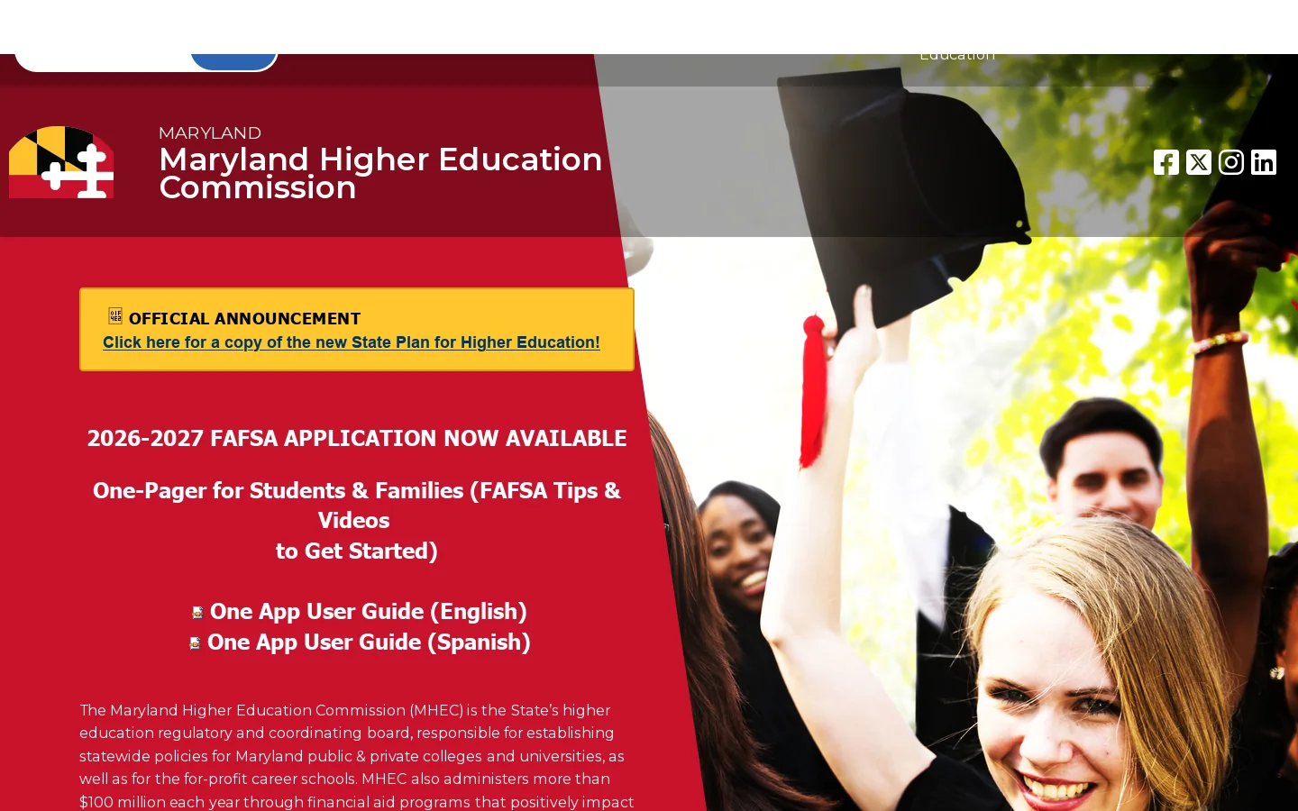 Maryland Higher Education Commission Homepage screenshot