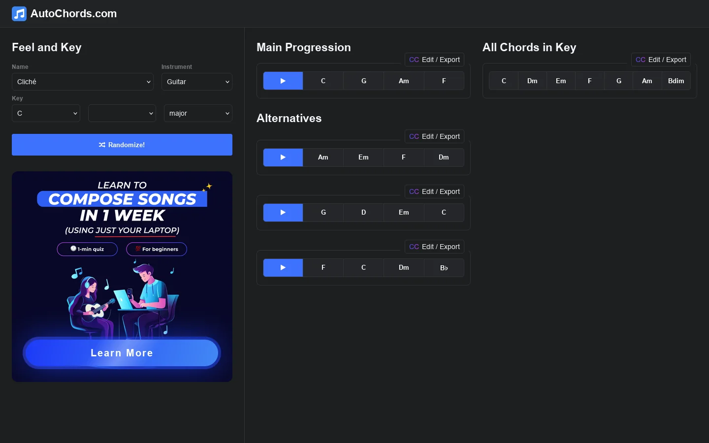 AutoChords.com Homepage screenshot