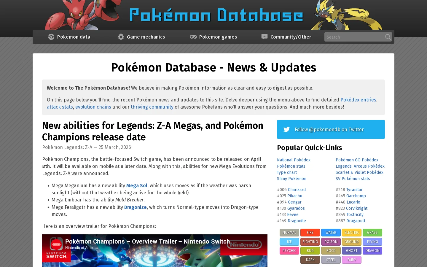 Pokémon Database -- the fastest way to get your Pokémon information Homepage screenshot