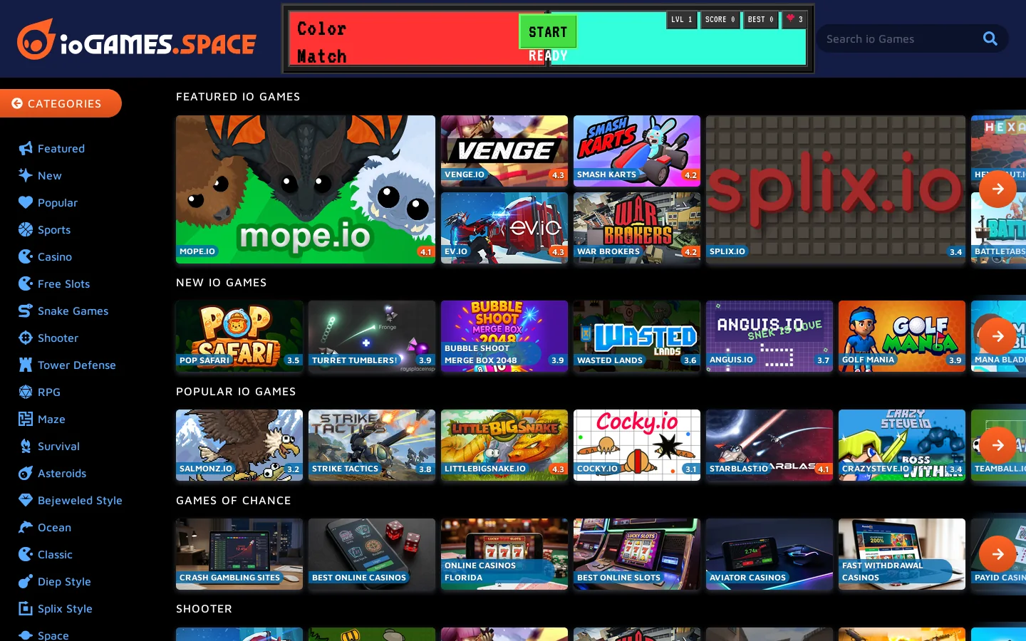 io Games Homepage screenshot