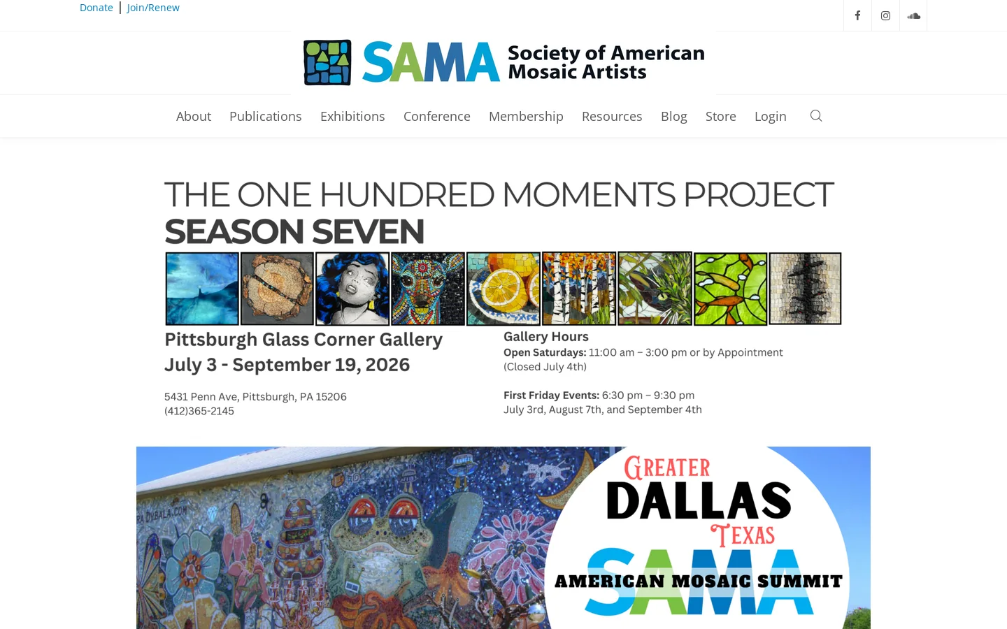 Society of American Mosaic Artists – The Society of American Mosaic Artists (SAMA) champions mosaic arts. Homepage screenshot
