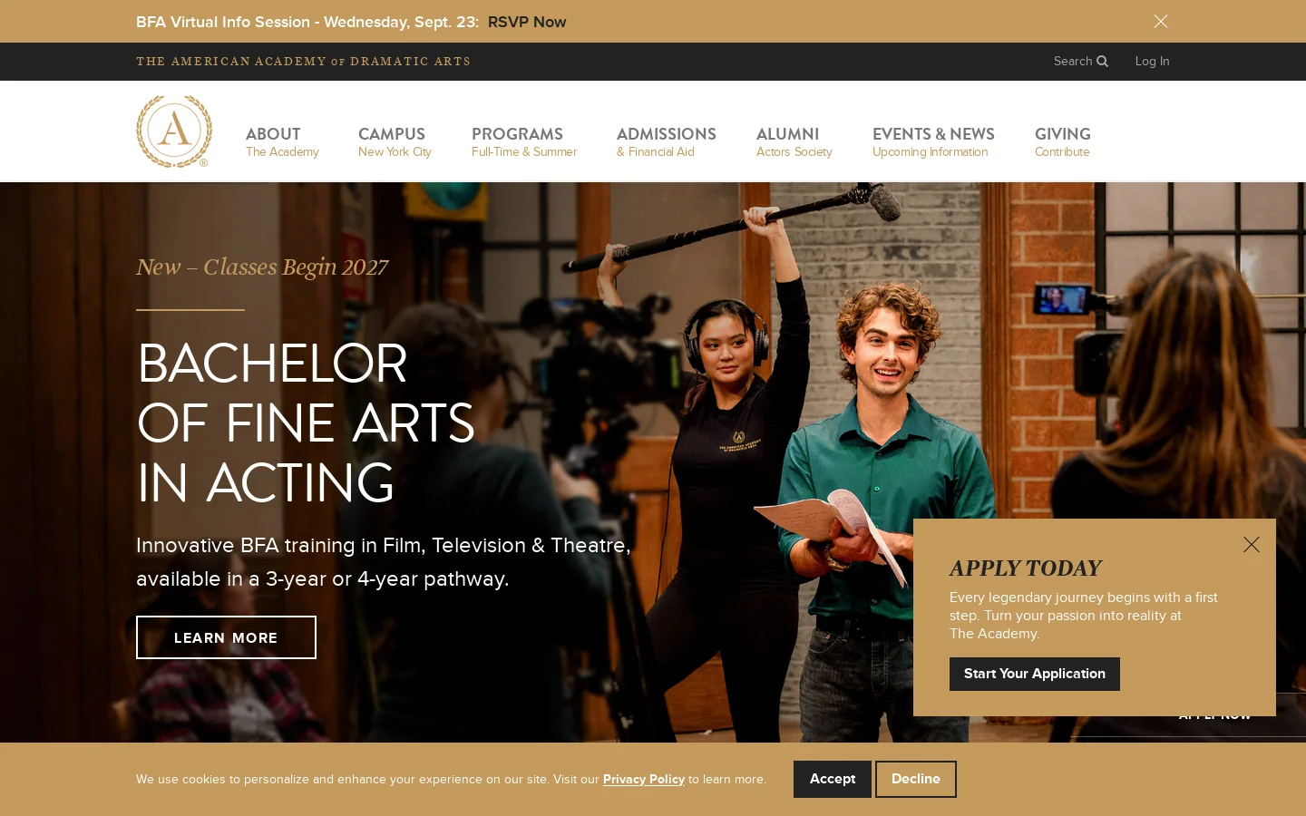 Acting School for Film, Television & Theatre in New York | The American Academy of Dramatic Arts Homepage screenshot