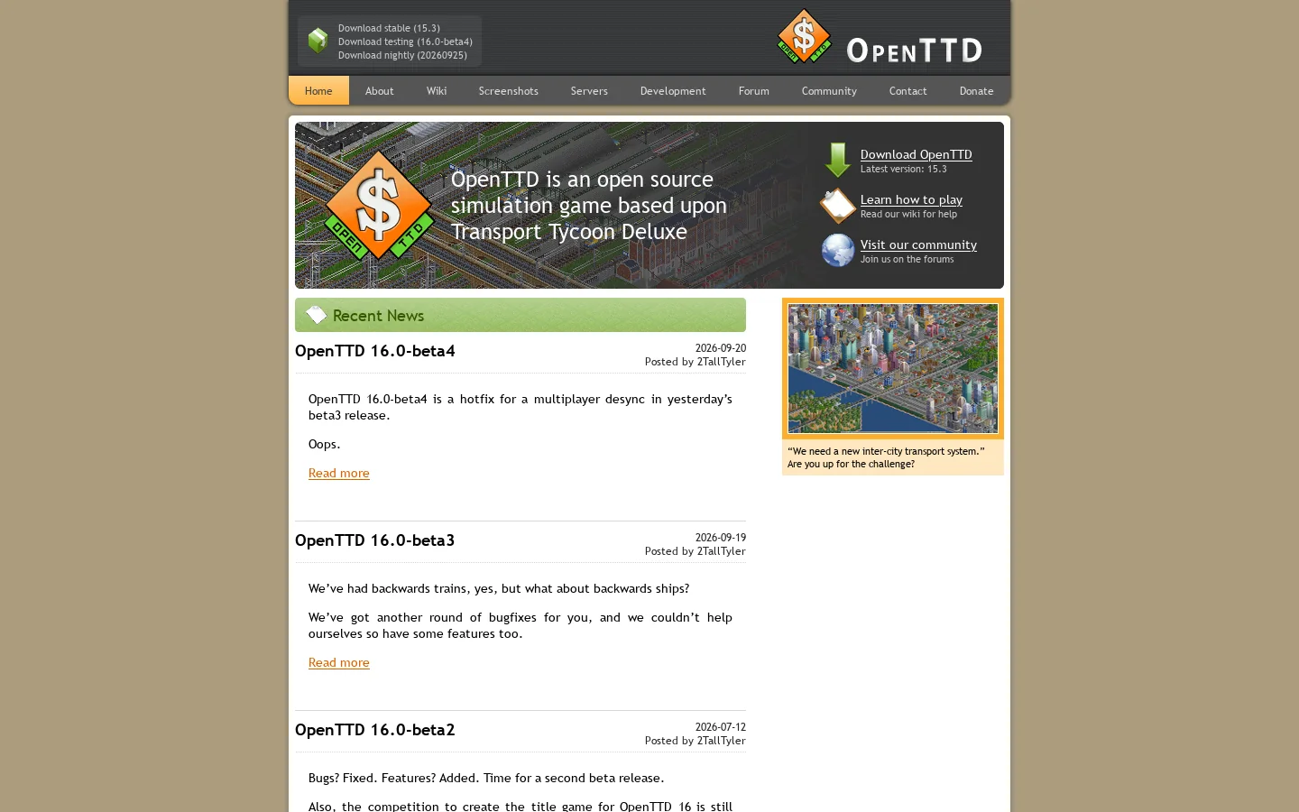 OpenTTD Homepage screenshot