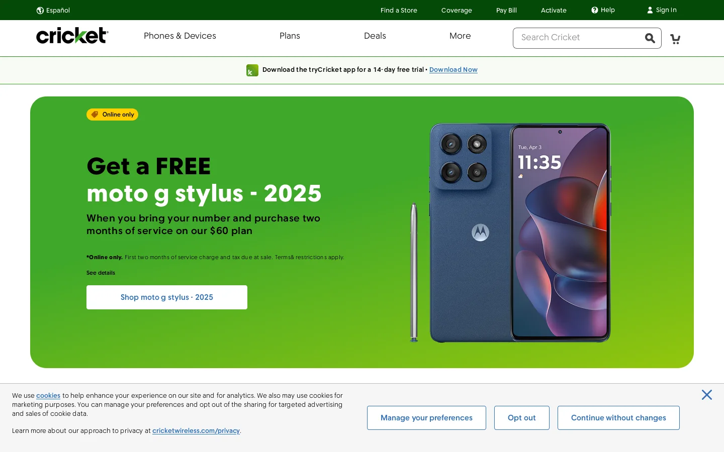 Cricket Wireless Homepage screenshot
