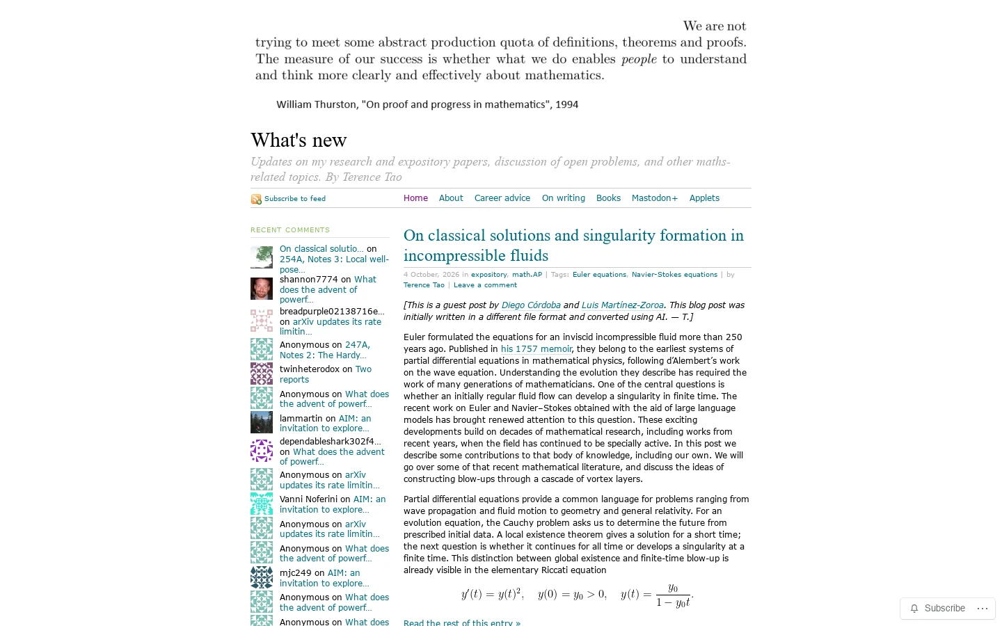 What's new | Updates on my research and expository papers, discussion of open problems, and other maths-related topics. By Terence Tao Homepage screenshot