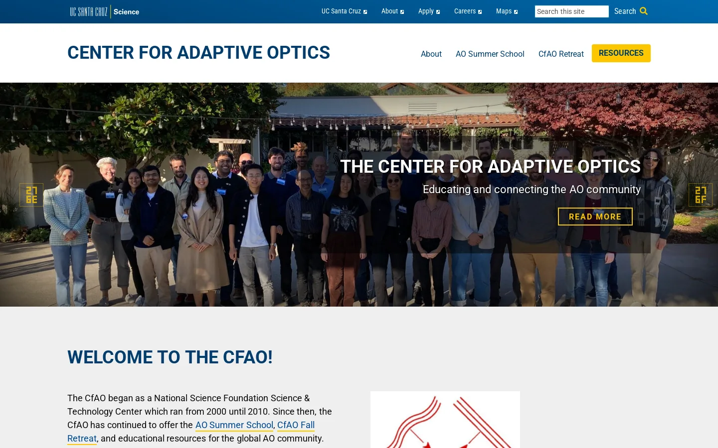 Center for Adaptive Optics – Educating and connecting the adaptive optics community Homepage screenshot
