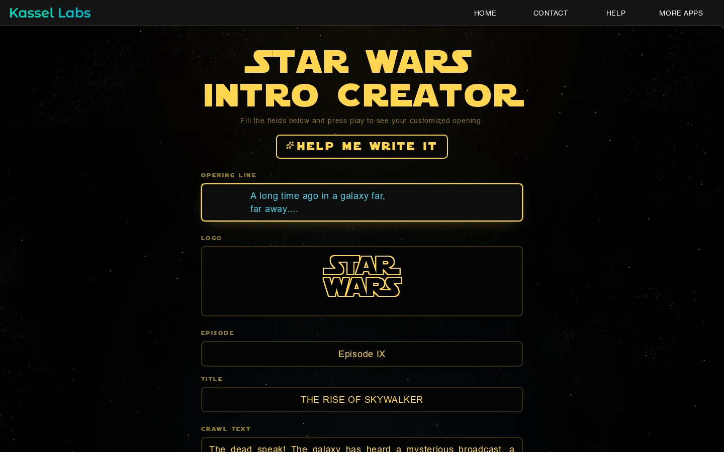 Star Wars Intro Creator Homepage screenshot