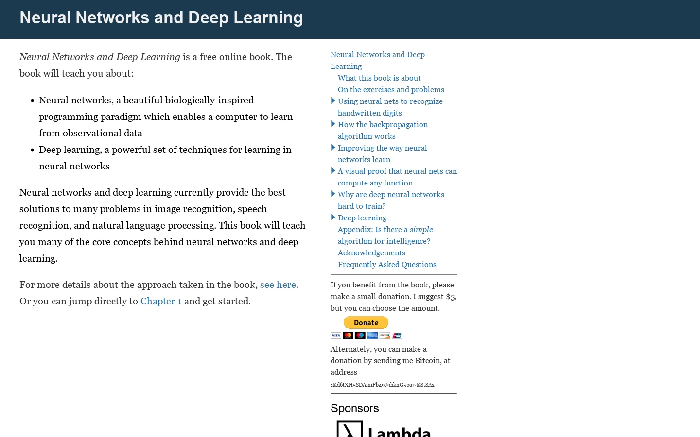 Neural networks and deep learning Homepage screenshot