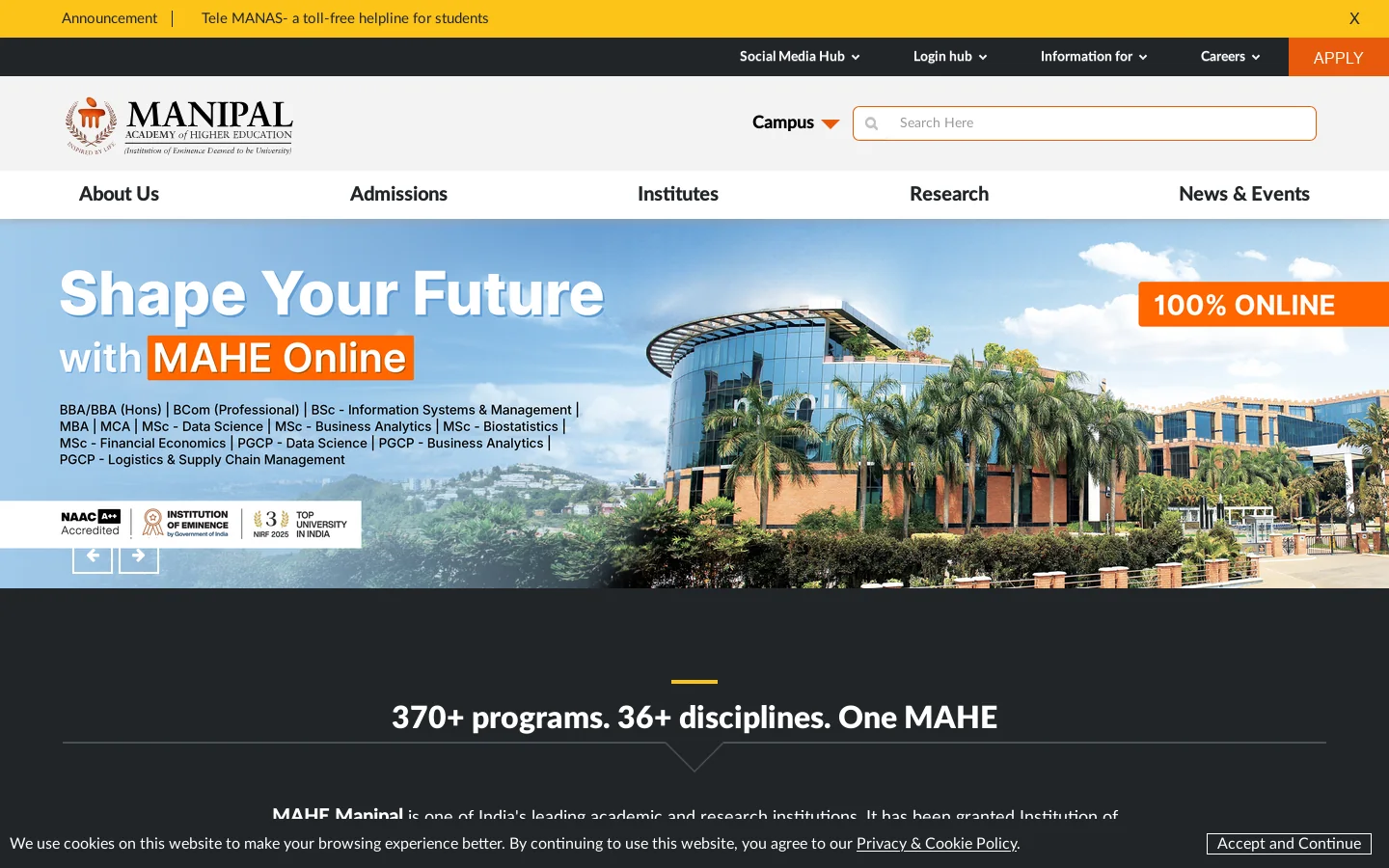 Manipal Academy of Higher Education, Admissions open for 2026 (Formerly Manipal University) Homepage screenshot
