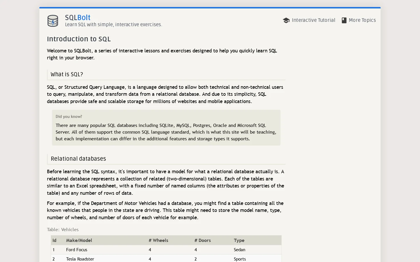 SQLBolt Homepage screenshot