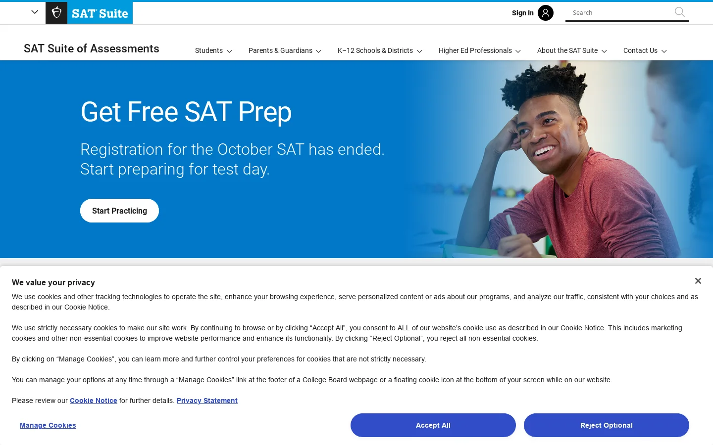 SAT Suite of Assessments Homepage screenshot